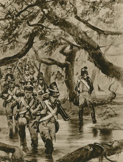 Marcherer gennem sumpene i Britisk Guyana (dybtryk) af Richard Caton Woodville junior